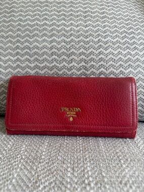 Prada Red Vitello Daino Leather Continental Wallet Gold Logo w/Authenticity Card